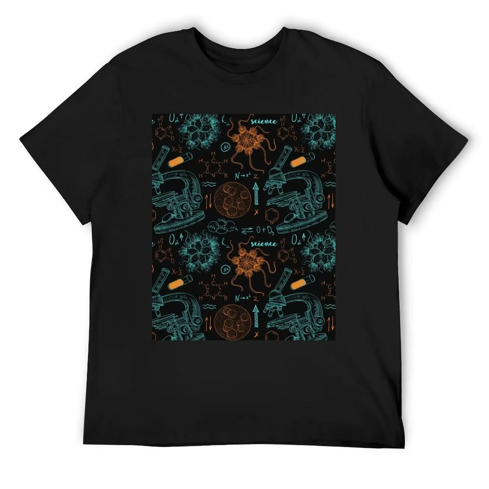 Vintage seamless pattern old chemistry laboratory with microscope, tubes, formulas, microbes and viruses. T-Shirt