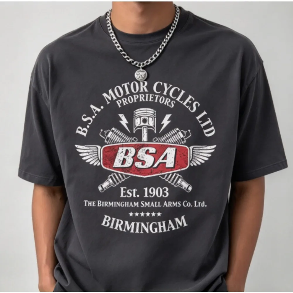 2026 New BSA Motorcycles Vintage Graphic Men Short Sleeve TShirt, 1903 Memorial Print, Streetwear Casual Top For Daily Outfit