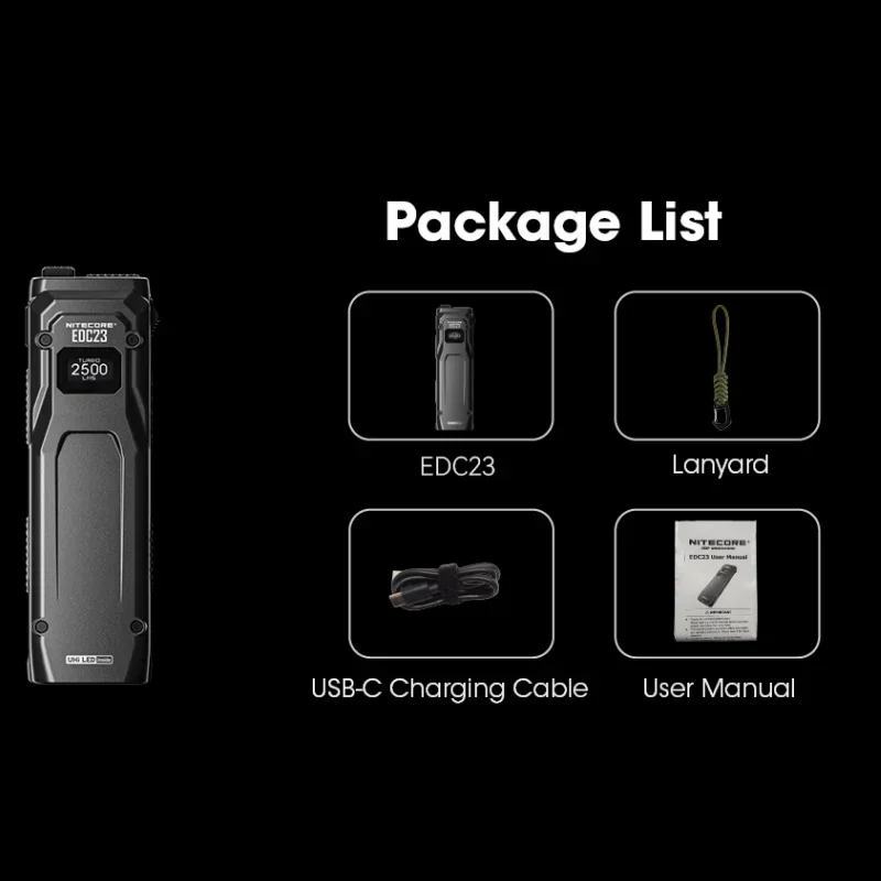 NITECORE EDC23 2500Lumens USB-C Rrchargeable EDC Tactical Flashlight Bulit-in 1500mAh Battery