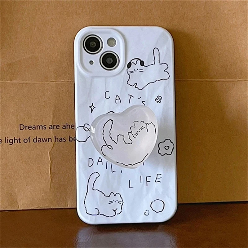 Korea Cute Cat 3D Love Heart Phone Grip Tok Griptok Clear White Holder Ring For iPhone 15 Accessories Lovely Crystal Phone Stand