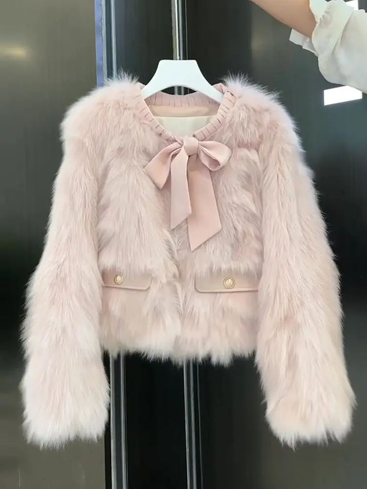 Winter Pink Eco-friendly Coat Faux Fur Women's Short Jacket Fringed Trim Stylish Youthful Design Fluffy Texture Kawaii Sweater