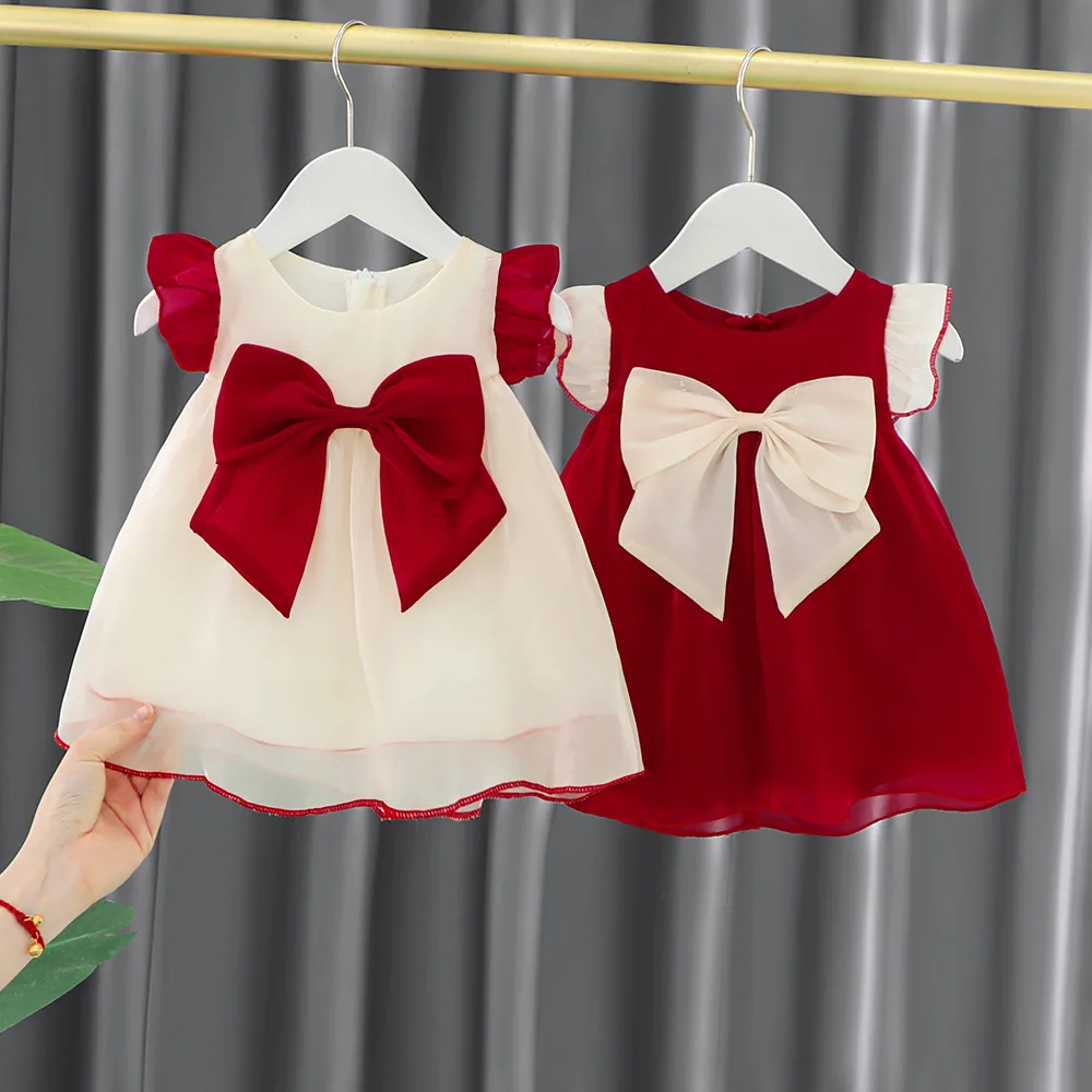 Girls Dresses Summer Bow Mesh Solid Color Simple Fluffy Baby Girl Dresses Cute Gorgeous Baby Girl Clothing