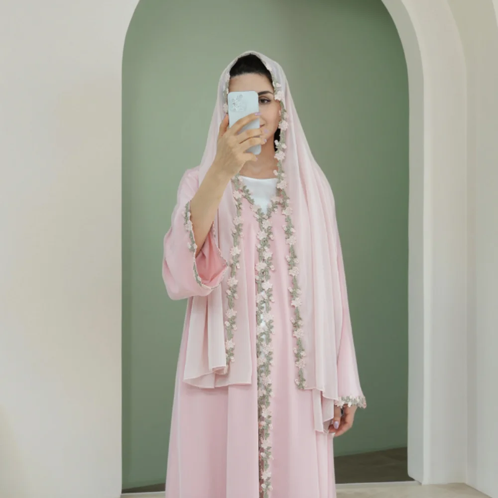 

Dubai Open Abaya Muslim Hijab Dress Embroidery Jalabiya Women Flower Robe Turkey Kaftan Eid Kebaya Islam Clothing Party Gown New
