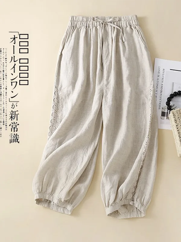 

Повседневные хлопковые льняные брюки-капри женские летние тонкие широкие брюки-харлан свободного кроя с высокой талией для полных женщин