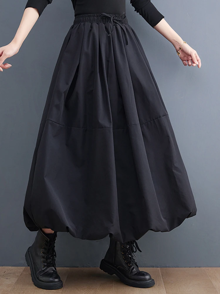 SHENGPALAE Fashion A Line Skirts Women Elastic Waist Spliced Pockets New 2024 Solid Color Versatile Female Loose Clothing 5C1548