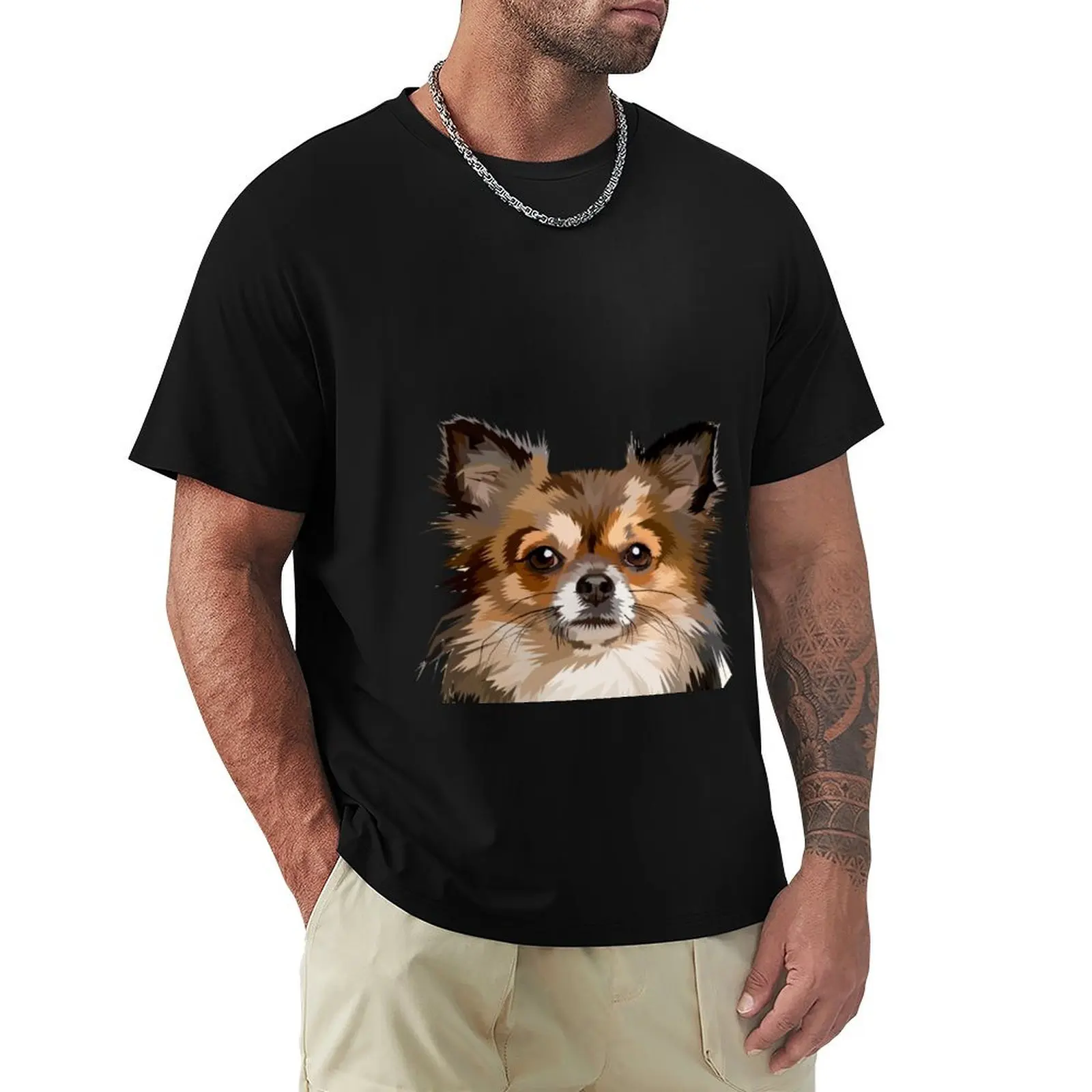 Long haired Chihuahua Brown Head Face T-Shirt Trendy Casual Short Sleeve Shirt