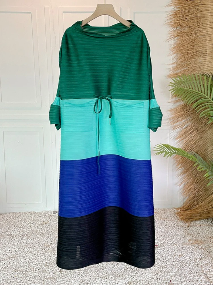 Miyake Color Matching Pleated Horn Sleeve Dress Fashion Gradual Change Loose Elegant Light Luxury Long Dresses Women Summer New