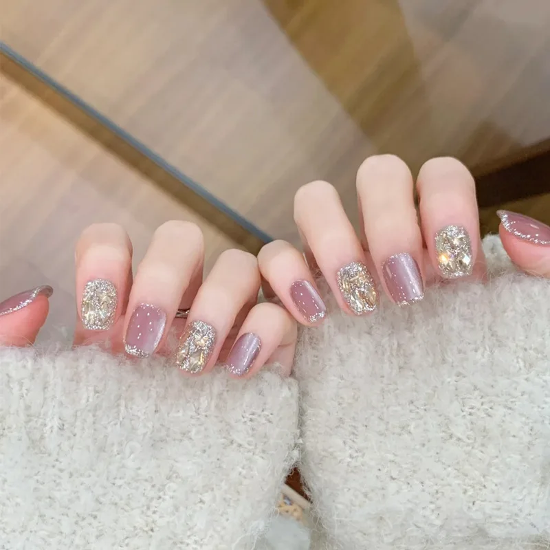 Wear Tip Advanced Sense Short Summer Cat's Eye Handmade Sticker Gradient Gold Powder Rhinestone Fake Nail Patch