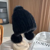 Winter Hot Sale Real Mink Fur Hat For Women Knitted Mink Fur Ear Warm Cap The Spiral Beanies Cap With Fox Fur Pompom On The Top - Image 3