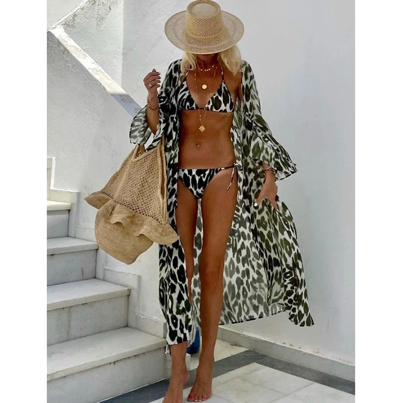 Leopard Print Women Separated Bikinis Set Push Up Swimsuits Lady Bathing Swimwears Beach Outfits Triangle Thong with Cover-up