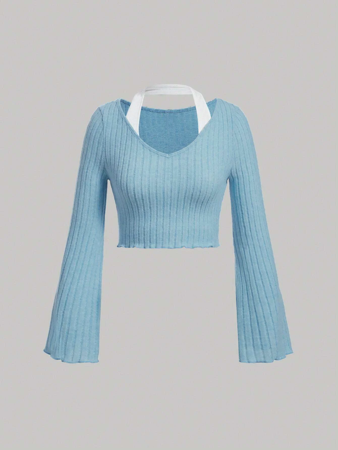 

Contrast color splicing halter neck long-sleeved top autumn new V-neck trumpet sleeve top