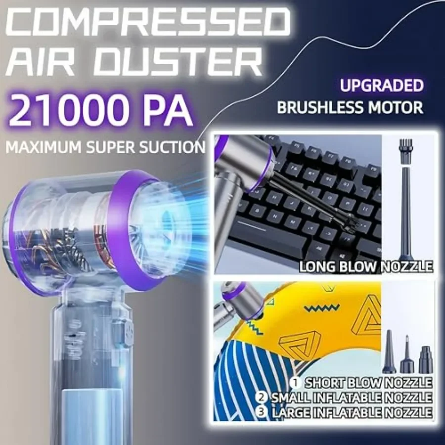 مكنسة كهربائية محمولة للسيارة بقوة 21000 باسكال قابلة لإعادة الشحن، مكنسة كهربائية صغيرة لاسلكية عالية الطاقة ومنفاخ 4 في 1 مع مكنسة تروس مع 3 تروس مع