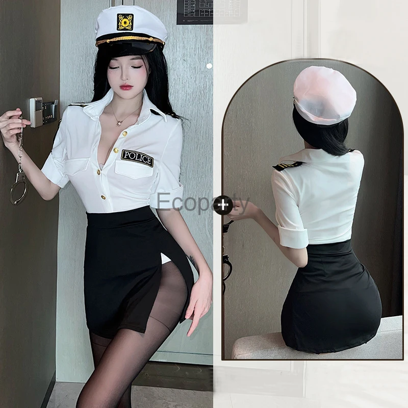 Women Sexy Policewoman Cosplay Costume White Short Sleeve Policewomen Uniform Shirts Skirt Suit Ladies Role Play Lingerie Set