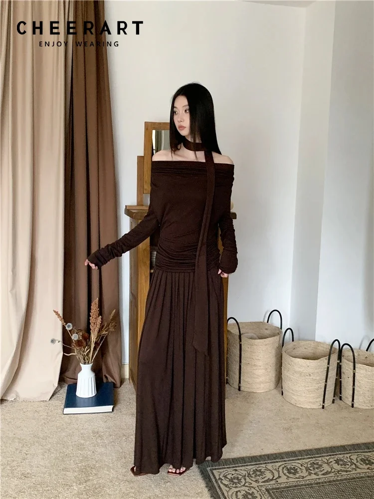 CHEERART Brown Knitted 2 Piece Sets Women Outfit Long Sleeve Ruched Top And Pleated Skirt Sets Winter Outfit Clothes 2024