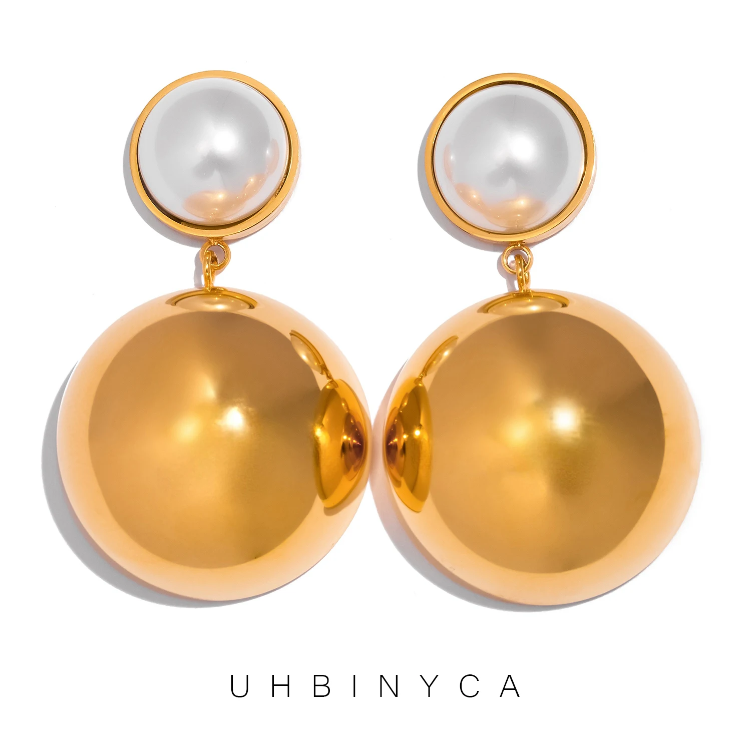 Hemispherical Pendant Earrings for Women, Pearl Stainless Steel Plated 18K Gold Boutique Jewelry