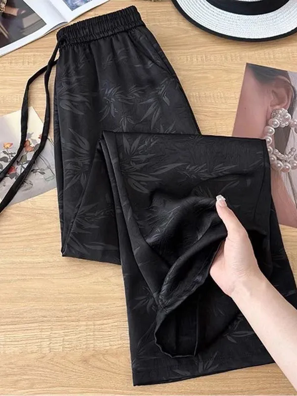 Quick Dry Ice Silk Cool Feeling High Waist Wide Leg Pants Women Summer Thin Loose New Chinese Style National Wind Satin Strai...