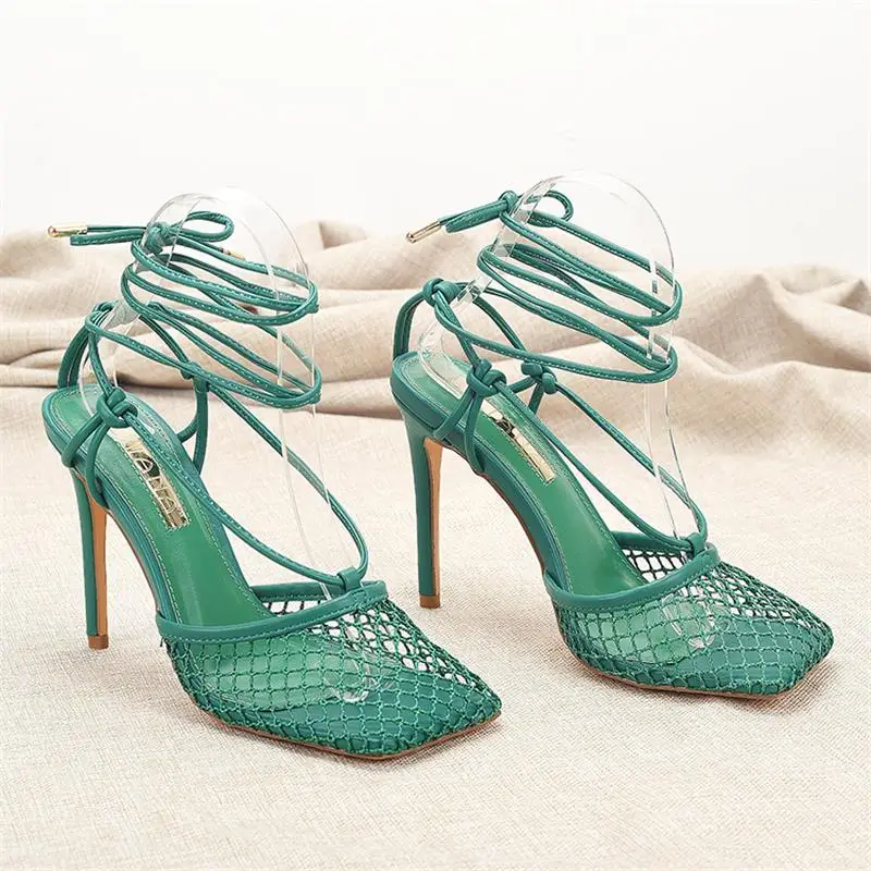 Mesh Knot Sexy Green Oversized Ultra-High Slender Heel Cross Thin Strap Strap Wrapped Sandals For Women