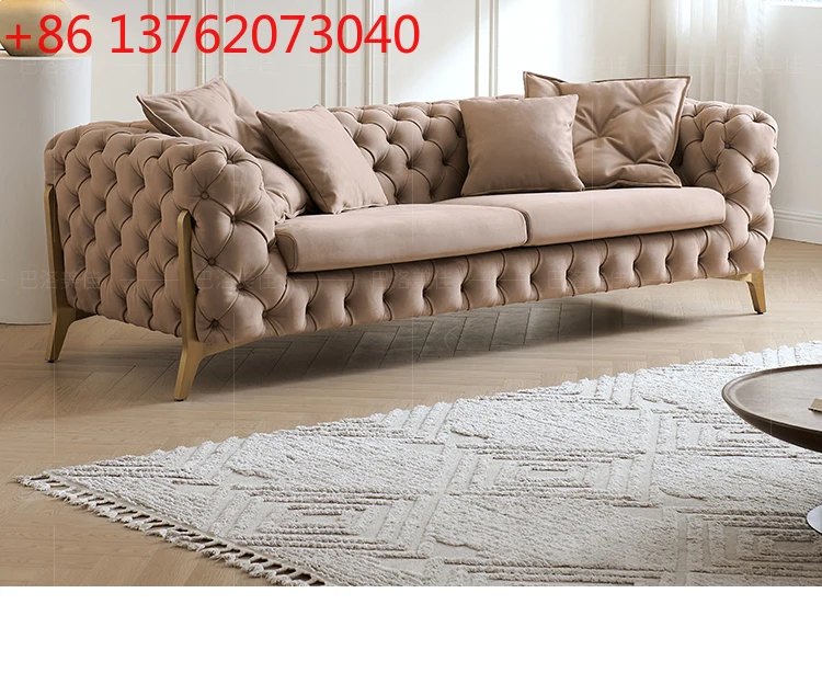 

French small apartment living room straight row three-person fabric buckle sofa