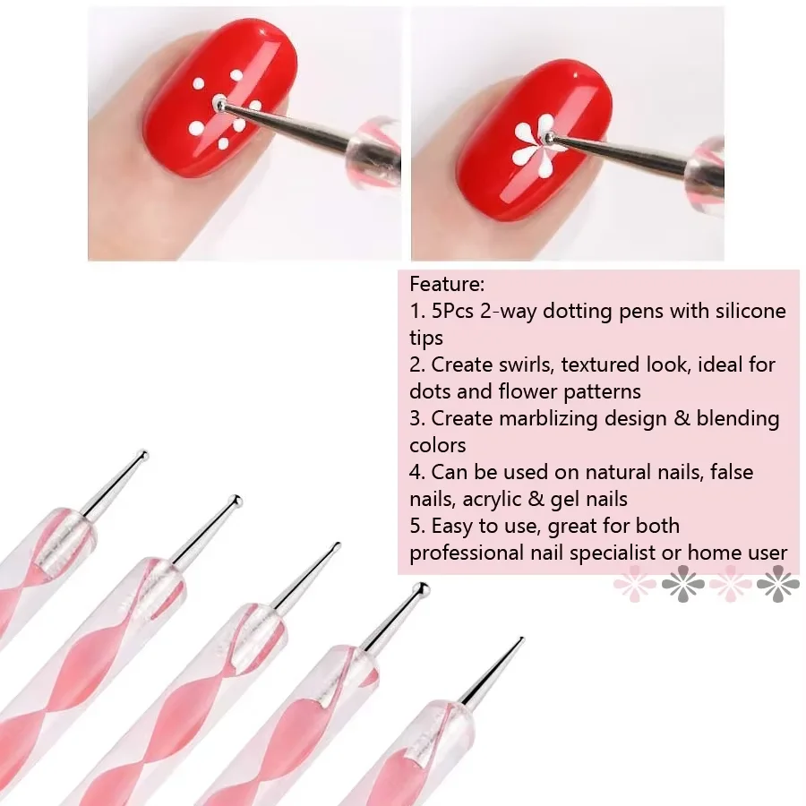 5Pcs Double Ended Nail Art Brush Acrylic Silicone Point Flower Nail Pen Stainless Steel Dotting Tools Marbleizing Painting Pens