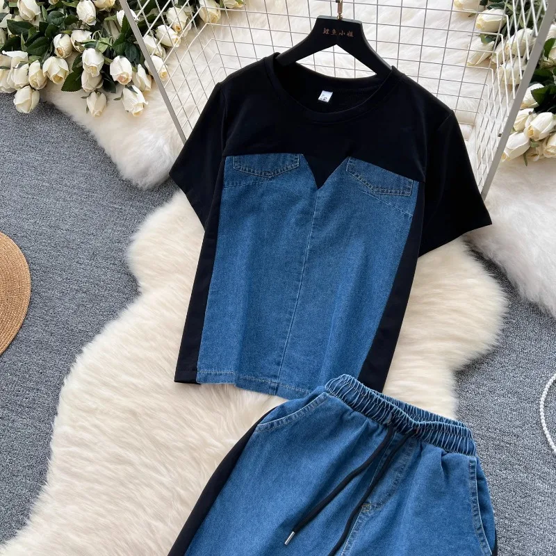 Neploe Simple Fashion Short Sleeve Patchwork Denim Tops Women+ High Waist Straight Wide Leg Pants 2024 Summer New Two Piece Sets