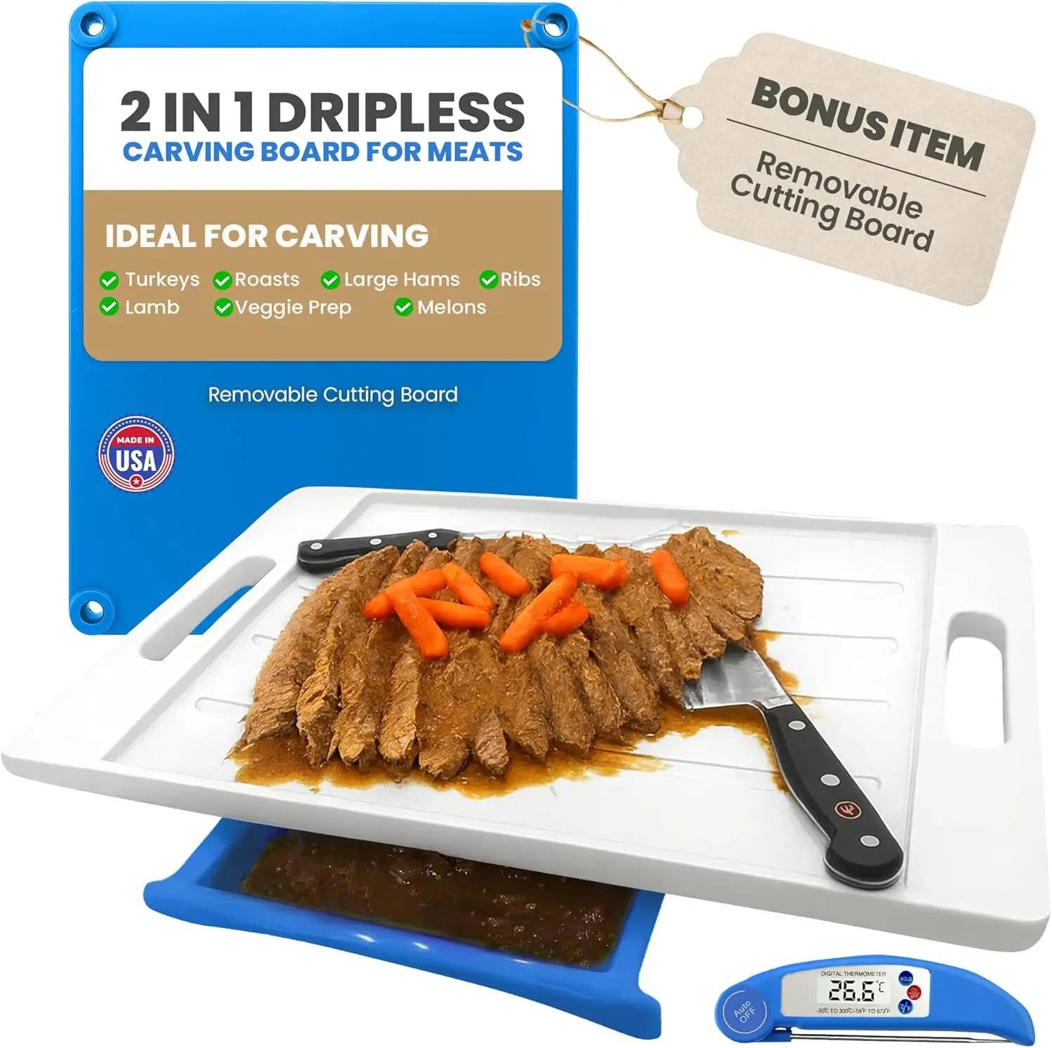 

XL Deluxe Meal Prep System Cutting Board - Large Carving Board with Meat Thermometer, Juice Groove, Spikes, Drip Tray &