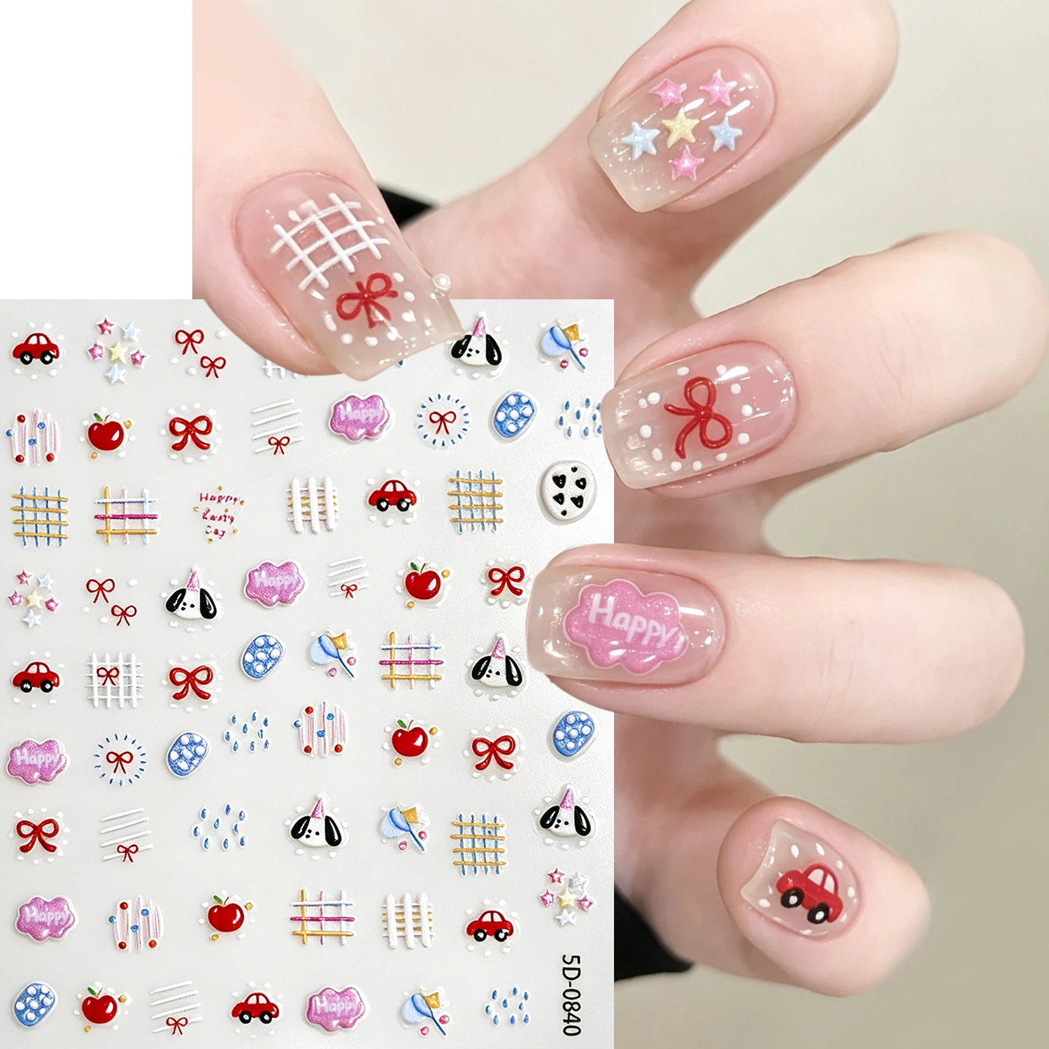 5D Embossed Graffiti Lines Apple Dog Car Nail Sticker Cute Cartoon Puppy Bowknot Love Heart Flower Nail Decals Japanese Nail Dec