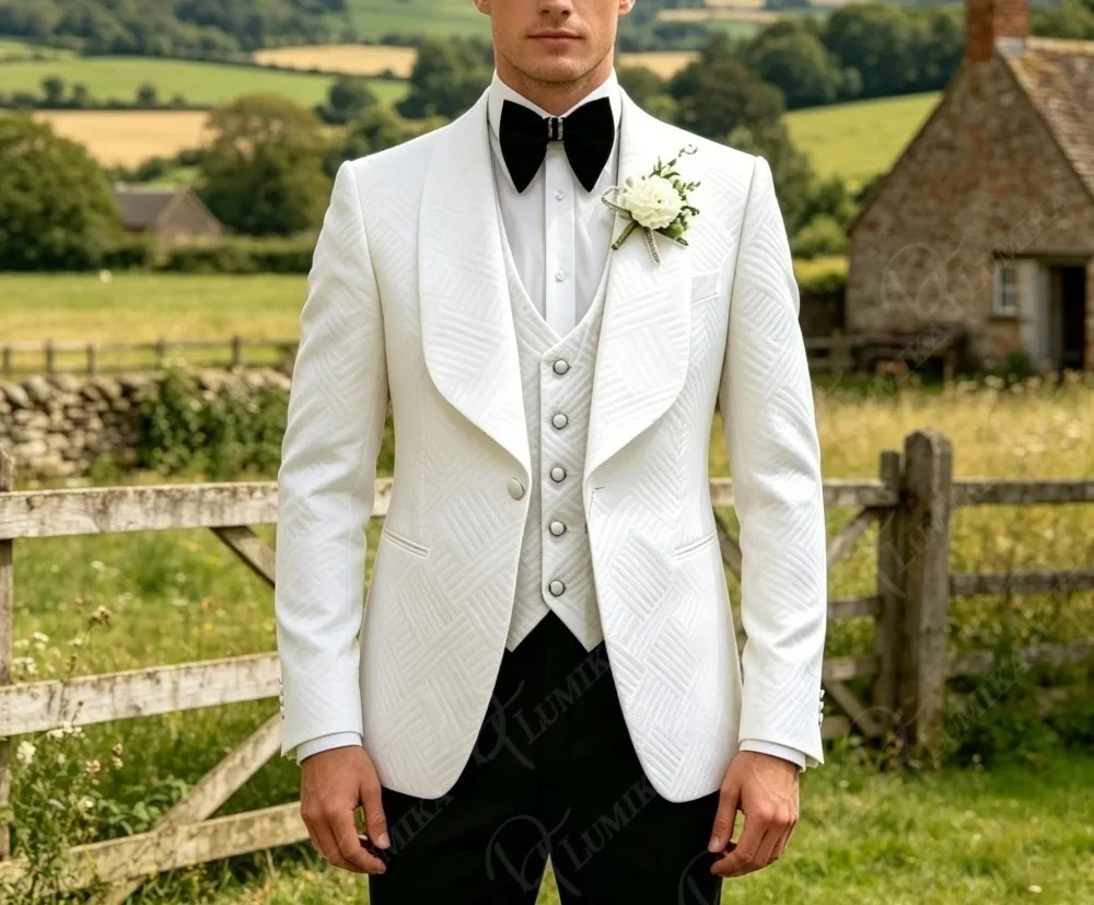 

Classic White Wedding Tuxedo for Groom Men 3 PCS Slim Fit Shawl Lapel Jacket Vest Pants Formal Prom Business Evening Dress Suit