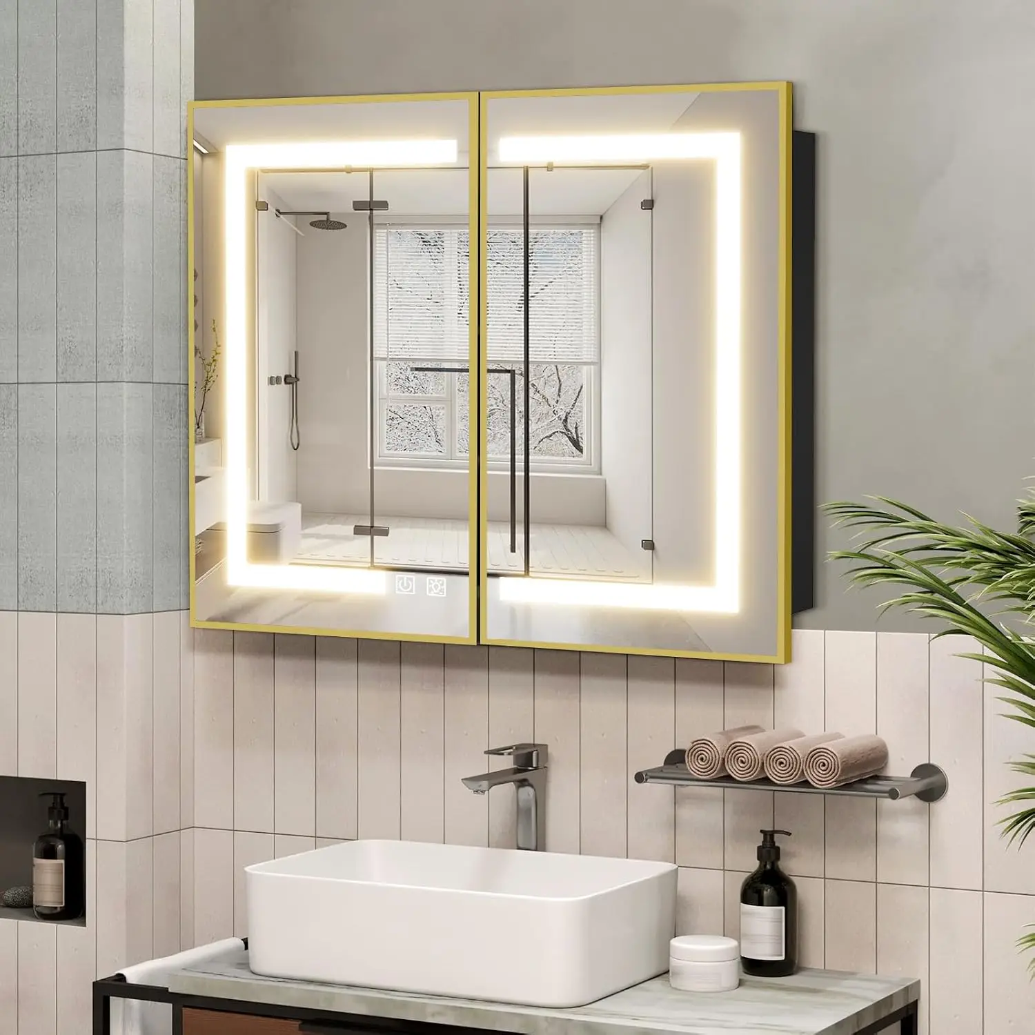 40x32 Inch LED Medicine Cabinet Mirror Gold Bathroom Storage Recessed & Wall Mount 3 Color Temp Dimmable, Customized