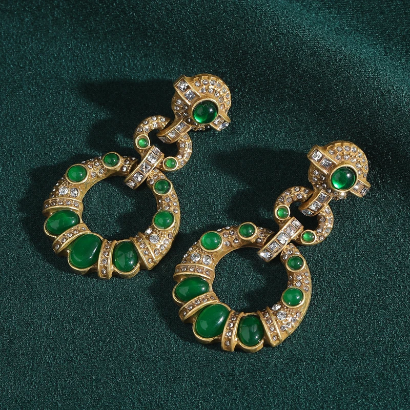 

Vintage Hollow Circle Green Earrings Drop Glass Emerald Stone Rhinestone Gold Color Quality Luxury Designer Christmas 2025 New