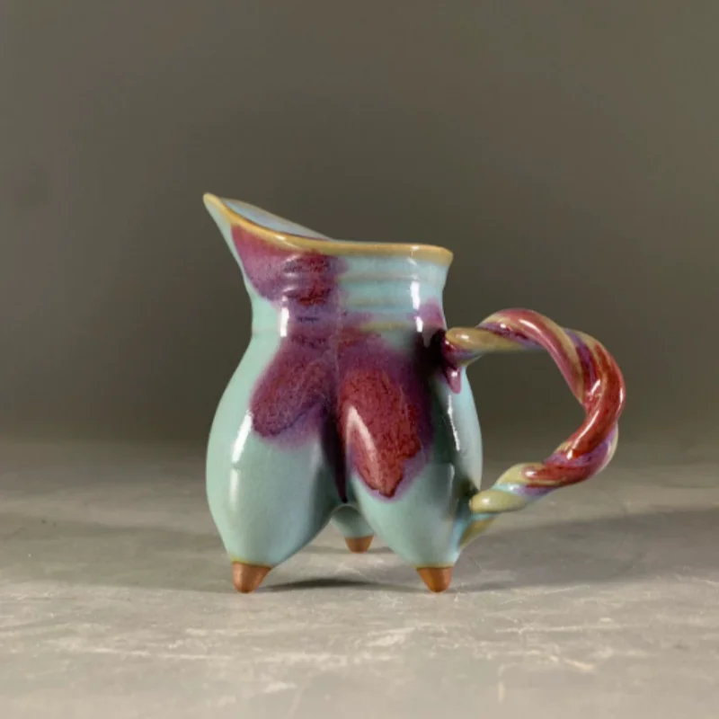Jingdezhen Jun Porcelain Tri-pod Goblet - Natural Flambe Glaze Ceramic Wine Cup, Classic Desktop Decor & Collectible