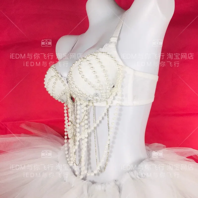customized belly tassel pearl camisole top Raven glowing bra set glowing tutu skirt Bar performance skirt disfraz mujer carnaval
