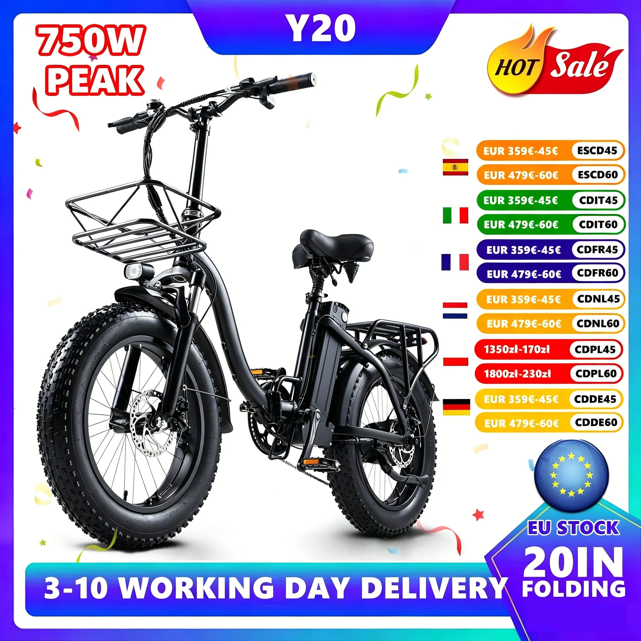 Vélo électrique pliable CMACEWHEEL Y20, pneus larges 20 pouces * 4.0, 48V 18AH PEAK 750W, vélo électrique de montagne, vélo électrique urbain pour adultes