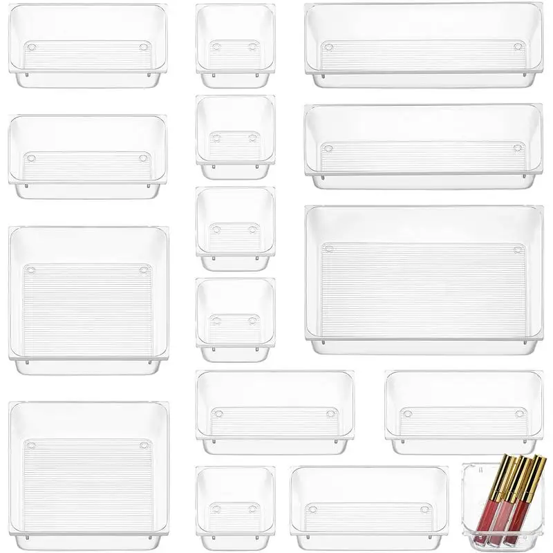 

16PCS Desk Drawer Organizers Set Plastic Bathroom Storage Makeup Organizer Clear Transparent Storage Box Bins Kitchen Gadget