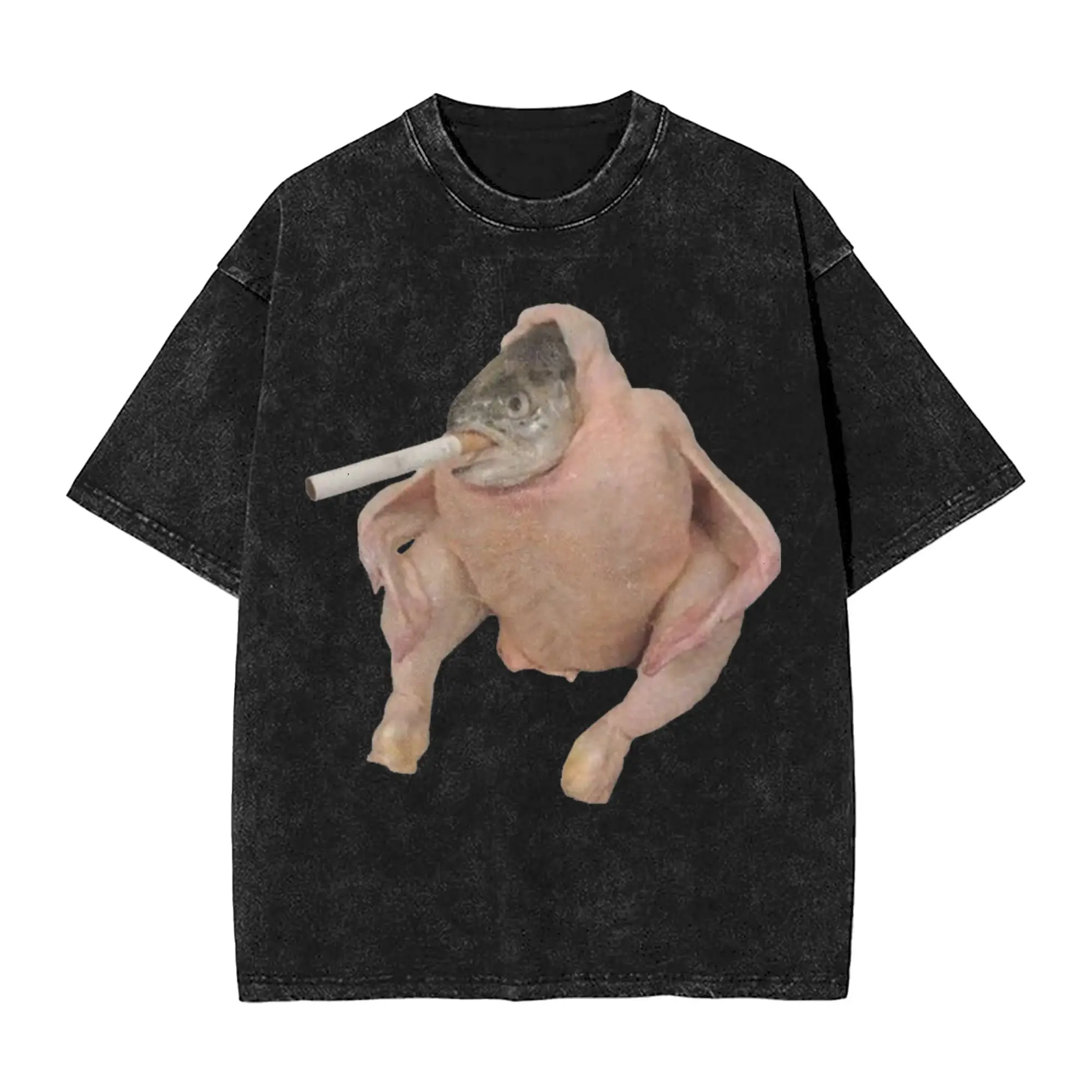 Fish Face Chicken Smoking A Cigarette Meme Washed T-Shirts Lustige Herrenbekleidung Harajuku T-Shirt Baumwoll-Grafik-T-Shirts