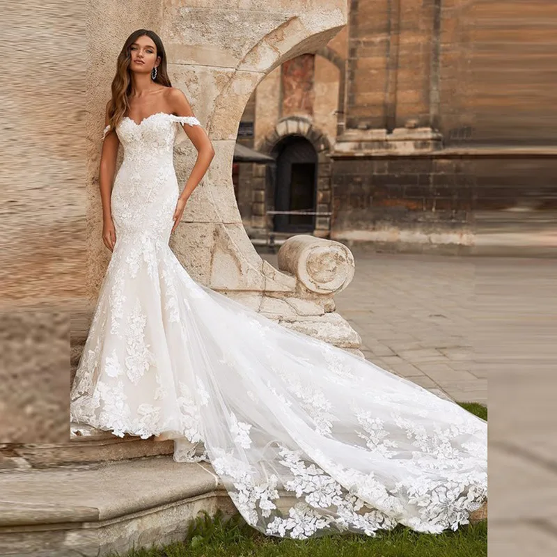 Precioso Vestido De Novia De sirena con escote corazón y hombros descubiertos, Vestido De Novia Sexy con espalda descubierta y cola De corte, Vestido De Novia personalizado