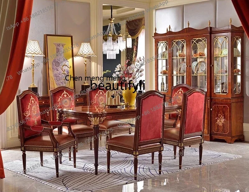 cc182Dining chair neoclassical mahogany solid wood cowhide chair leather armchair stool furniture R