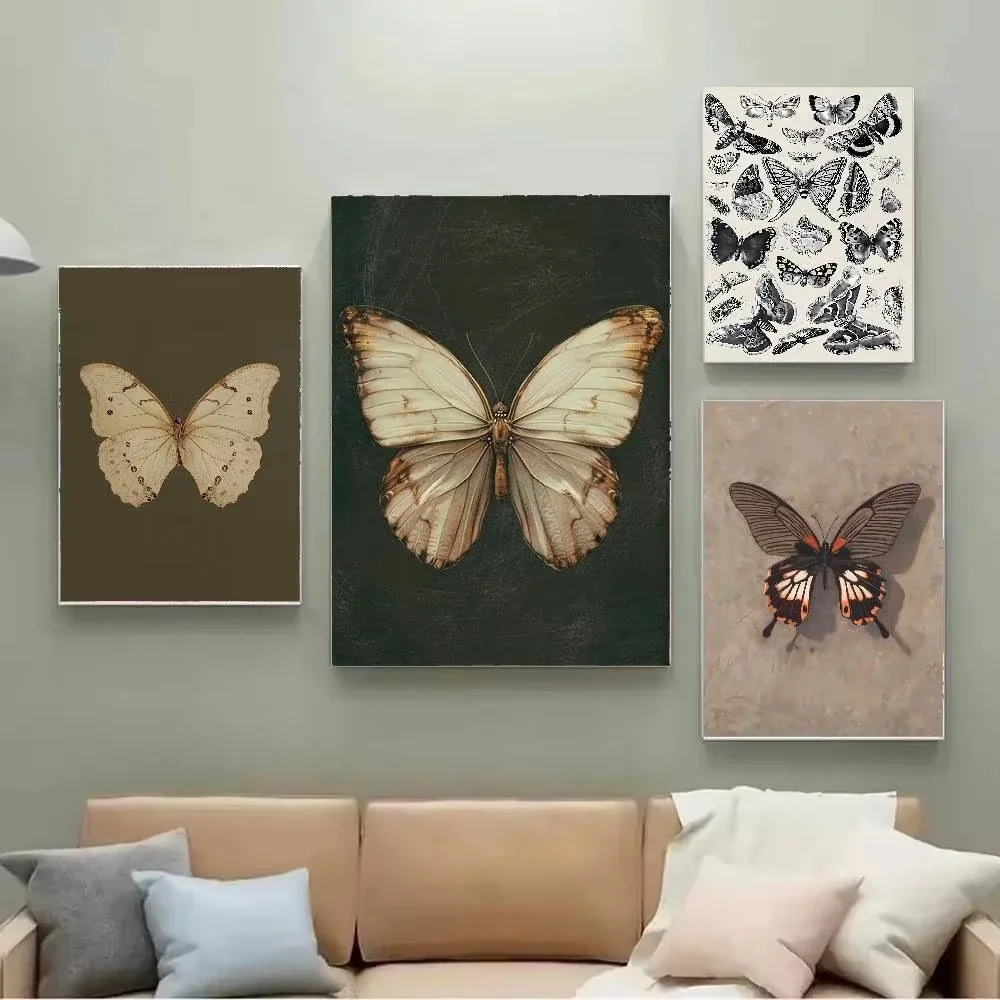 1PC White Butterfly Print Dark Moody Insect Antique Moth Poster Paper Print Home Living Room Bedroom Bar Restaurant Cafe Art