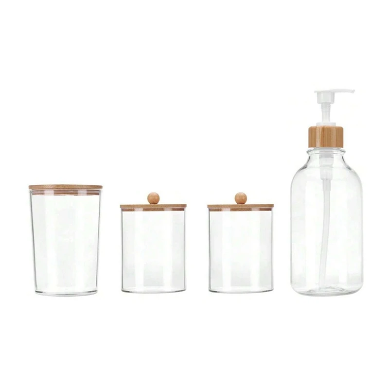 4Pcs Bamboo Bathroom Accessories Set - Rustic Boho Decor, Soap Dispenser, Toothbrush Holder, 2 Cotton Swab Holder Jars