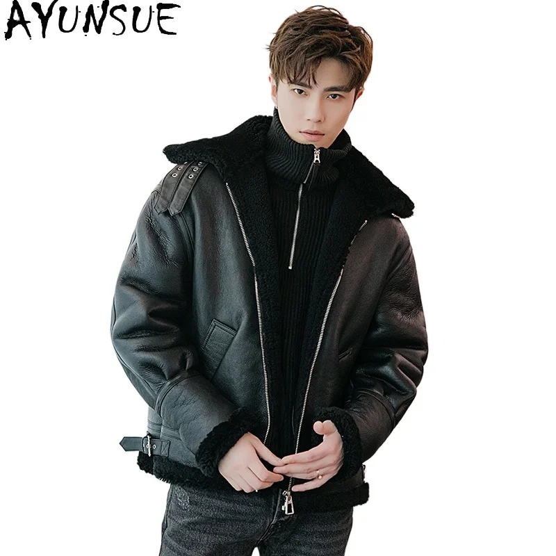 AYUNSUE High-end Natural Fur Coat Man Clothing Winter Fashion Genuine Sheepskin Real Leather Jacket Short Motorcycle Fur Coats