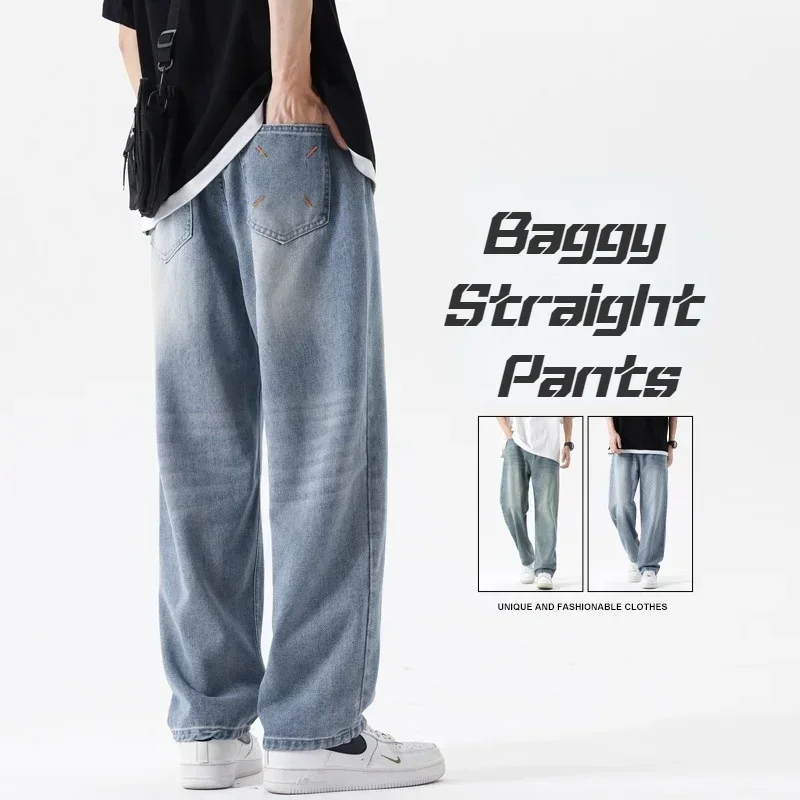 

New Man Straight Baggy Jeans Fashion Pocket Embroidery Casual Denim Pants Comfortable Male Trousers Vintage Blue