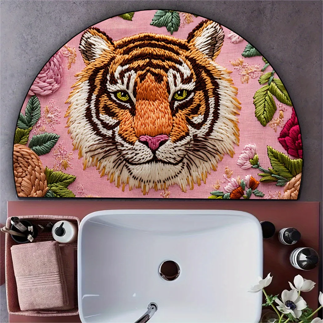 VIKAMA Semi Circular Tiger Printed Entry Floor Mat Pink Floral Decorative Entryway Foyer Creative Rugs Home Decoration