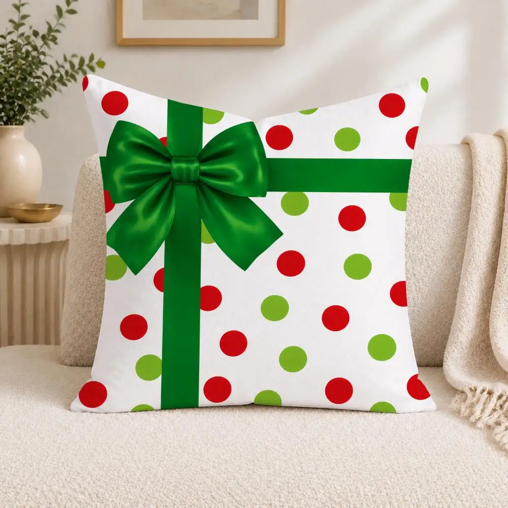 Christmas Gift Box Bow Striped Polka Dot Cushion Cover Square Decorative Sofa Pillow Case Bedroom Living Room Home Decor Gift