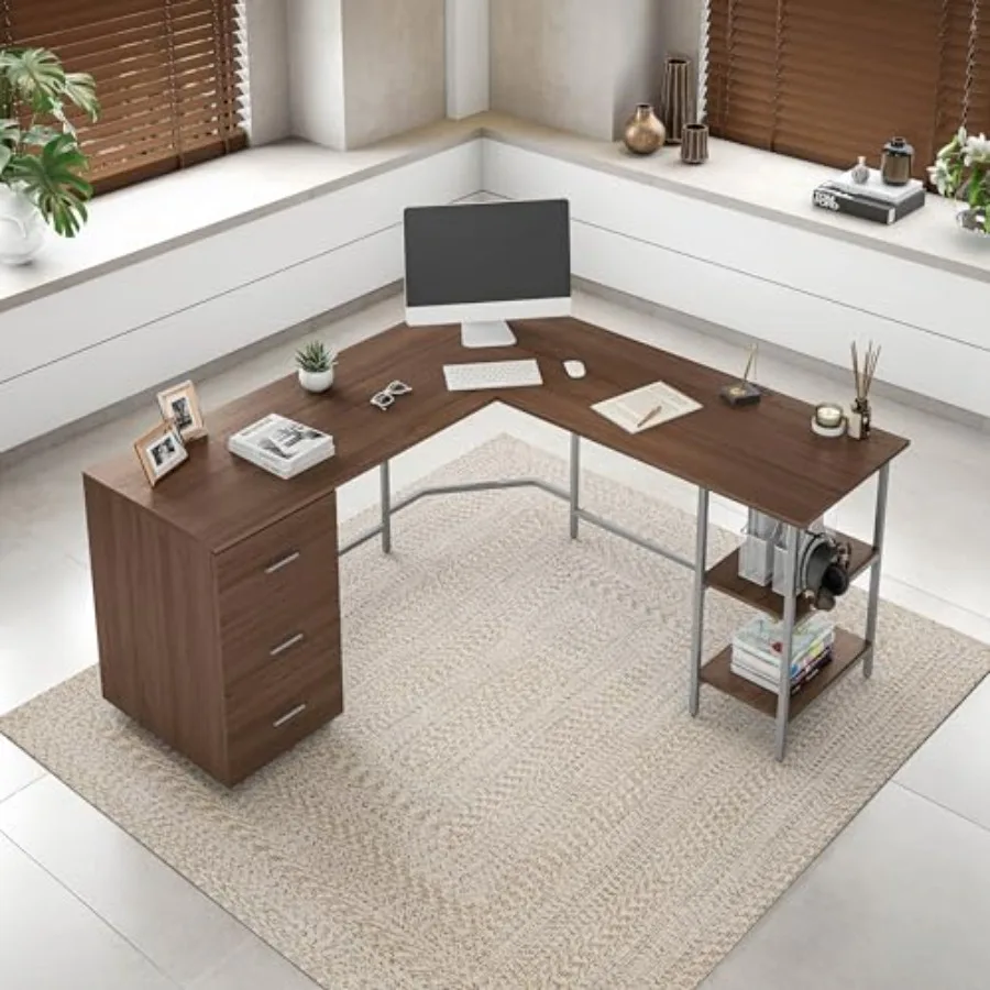 L Shaped Desk - Two-Toned Grey White Home Office Computer Desk with Storage Shelves Cabinet - Simple Modern Corner Table for Wo