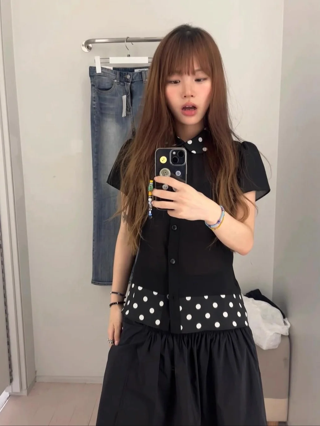 Retro Polka Dot Doll Collar Splice Me Slimming Casual ort Sve irt Top Women SEI Unique Straight Cut Color Blo irt