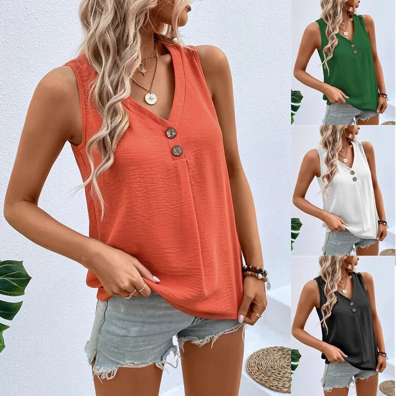 

Women's V-neck Button Tank Top, Ladies, Solid Color, Loose, Casual Shirt, Summer, 2024