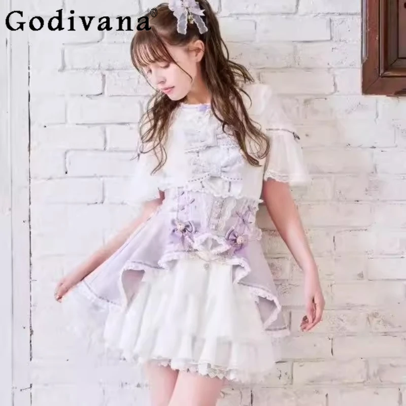 

Liz Skirts Japanese Style Mine Mass-Produced Sweet Bow Pearl Chain Princess Short Skirt Women's Lolita Short Sleeve Shirt Tops