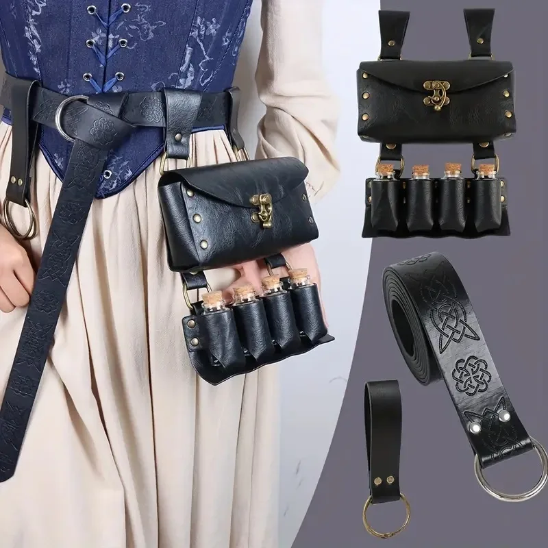 

Medieval PU Leather 3 Soft Cork Potion Bottles Fantasy Waist Pouch Side Bag Medieval Belt Accessory