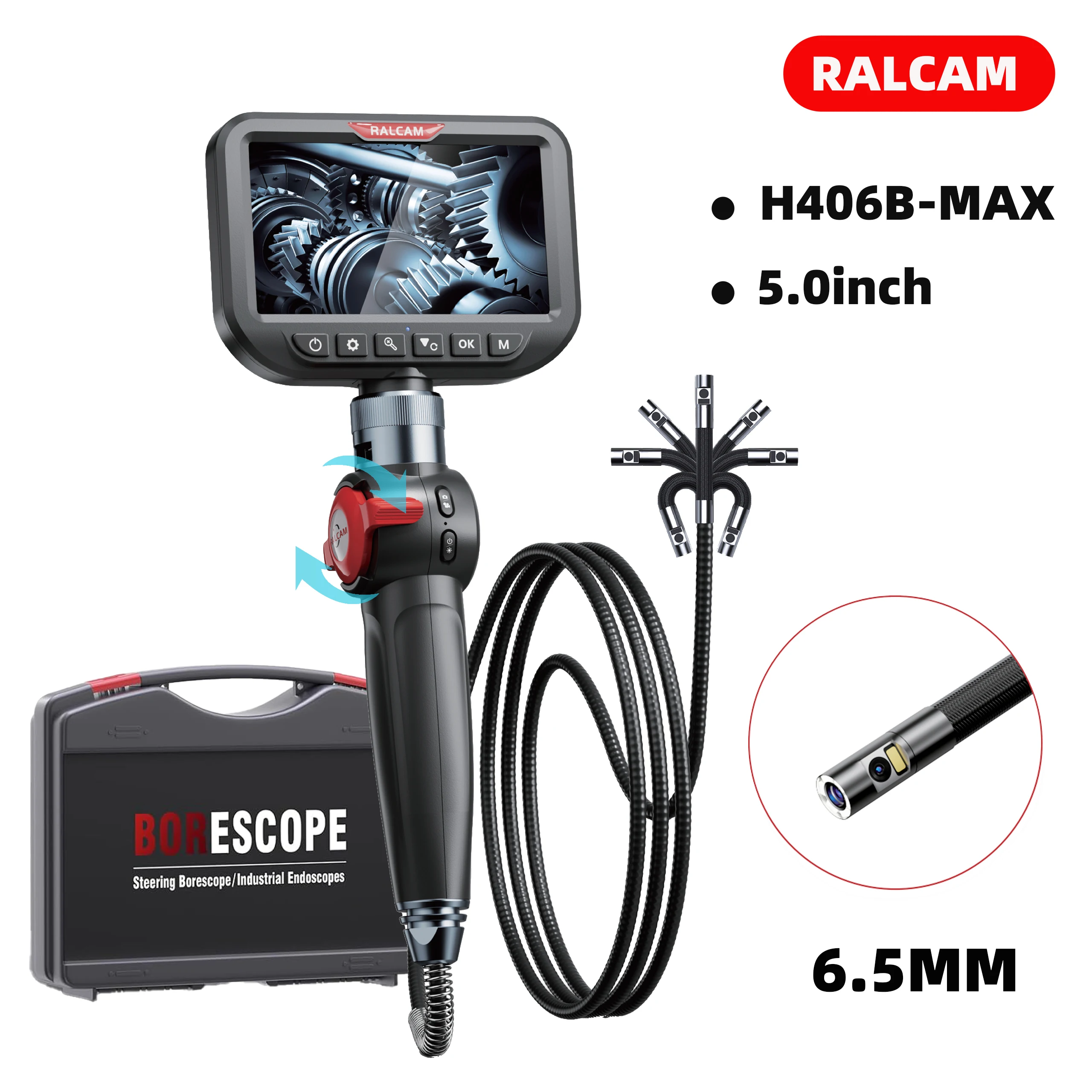 Ralcam Articulating Borescope 2-Way 180° Endoscope 6.5mm dual lens Camera Pipe Camera 10 LED Lights Semi Rigid Cable