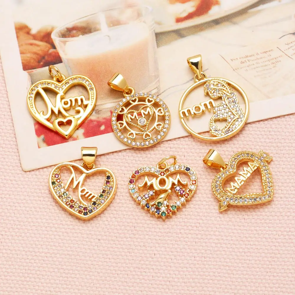 FASHION Rainbow Crystal Mom Heart Pendant for Necklace Copper Gold Plated Mama Mothers’Day Jewelry Making Component pdta529