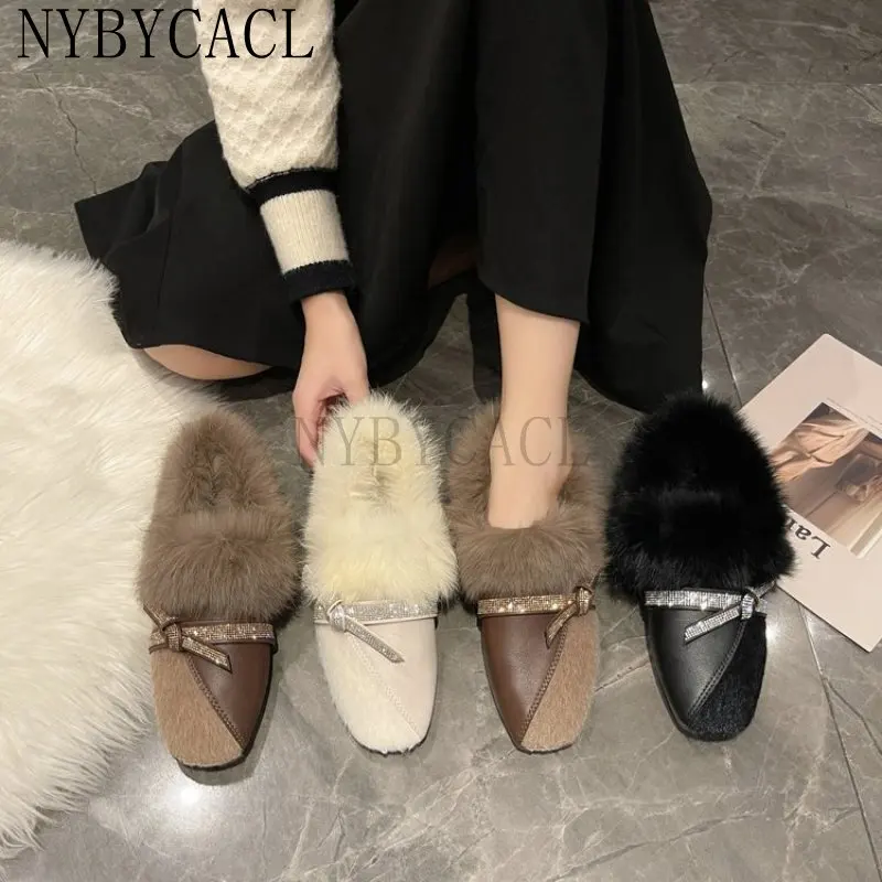 Winter Patchwork square toe fur shoes women fluffy plush flats add cashmere moccasins retro warm rabbit fur loafers woman 2023